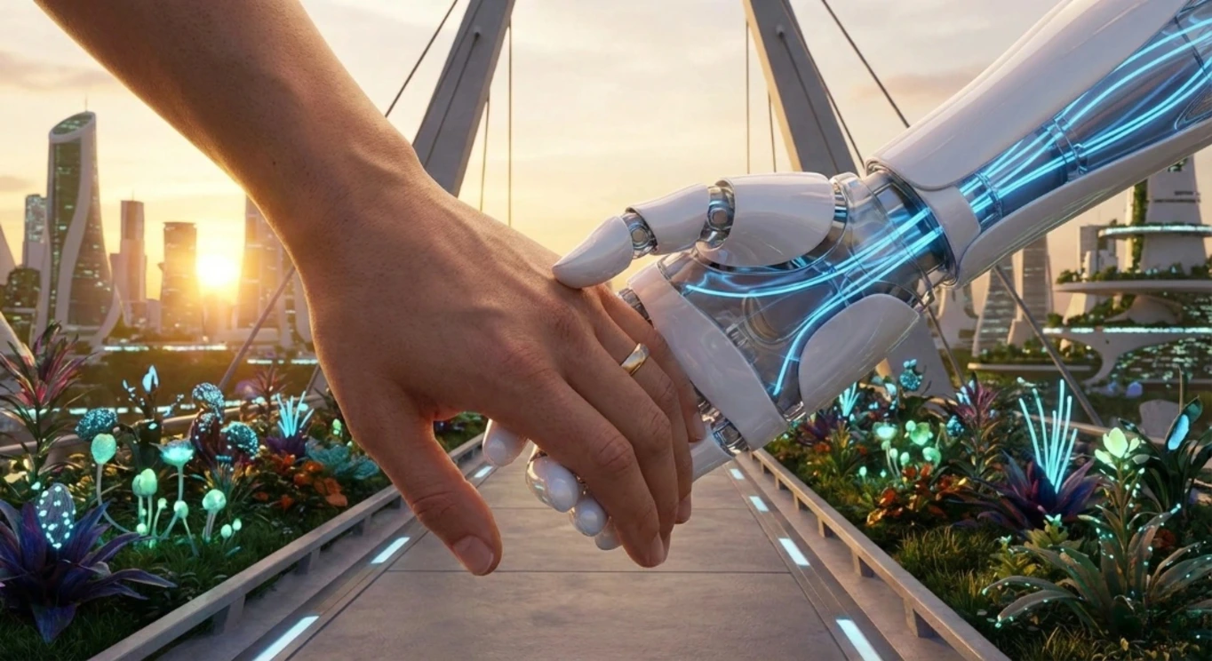 Illustration d'une main robotique tenant délicatement une main humaine, symbolisant la connexion émotionnelle avec l'IA